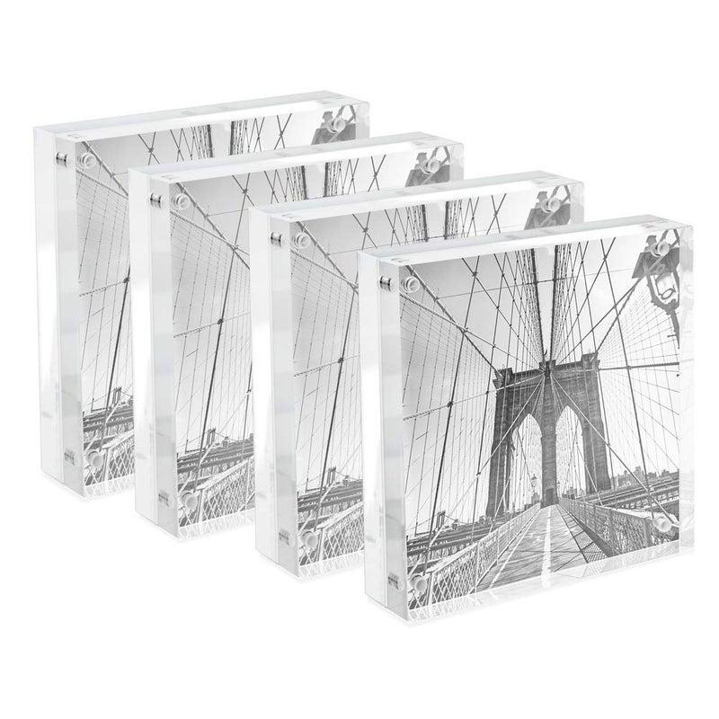 Isaac Jacobs 4â€ x 4â€ (4-Pack) Super Thick [23MM Thickness] Clear Acrylic Magnetic Block Picture Frame, Double-Sided, Frameless, Freestanding, Floating Photos, for Desktop & Tabletop Display (4x4) - Image 1